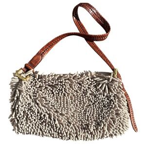 Jill K. Upcycled Tan Chenille Shag Shoulder Bag W/Adjustable Brighton Belt Strap